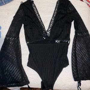 Sexy black bodysuit with flare sleeves
